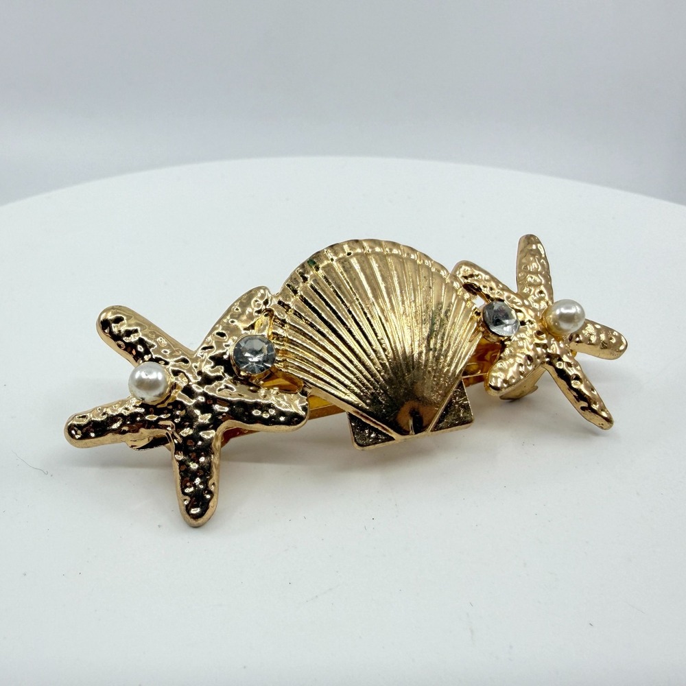 Gold Tone Sea Shell Starfish Hair Barrette with Crystal Pearl - Boho Beach